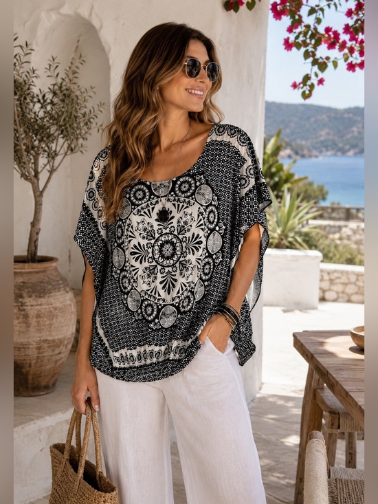 Lily Morgan Tops - Lily Morgan Black White Boho Tunic Top Medium Dolman Sleeve Kaftan Blouse